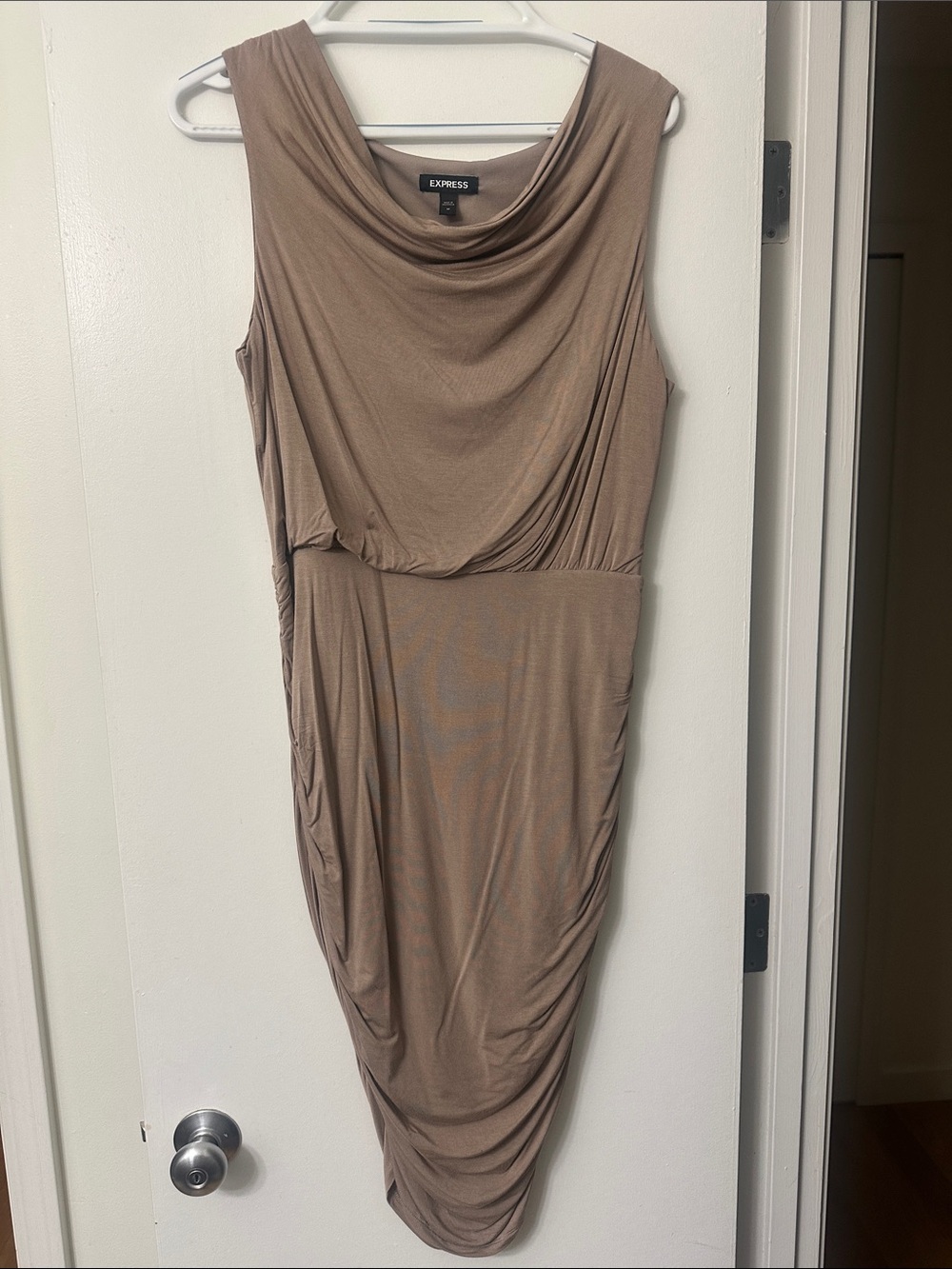Express Sleeveless Draped Midi Dress in Taupe Brown